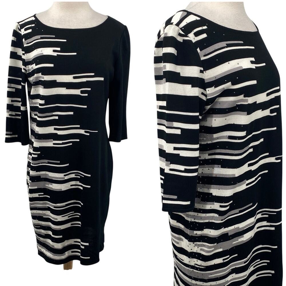 Ming Wang Embellished Pattern Knit Mini Dress Boatneck Black White Gray L Petite